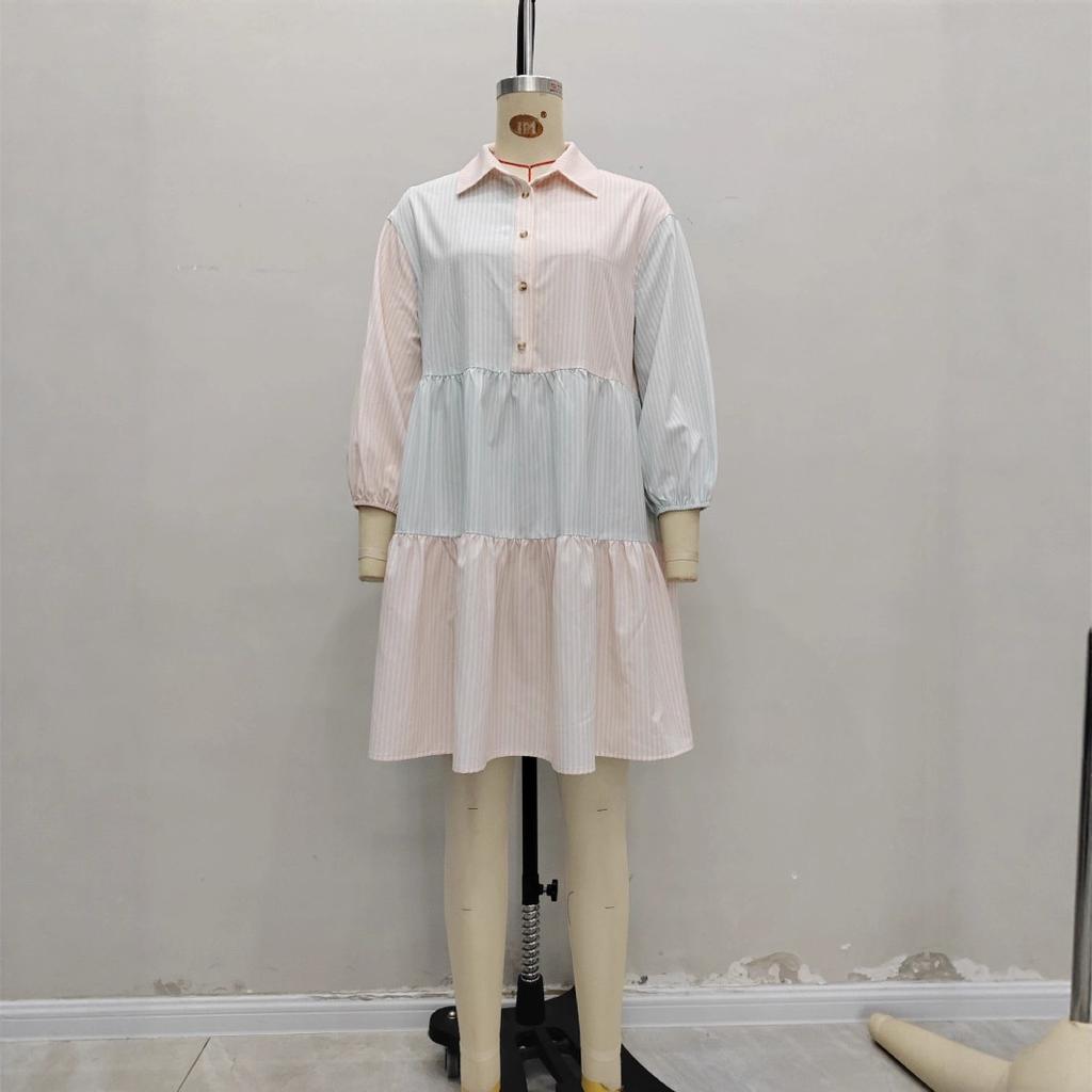 Women's Spring Summer Pink Blue Color Block Stripe Shirt Dress Lapel Collar Lantern Sleeve Patchwork Ruffle Hem Loose Casual Mini Dress