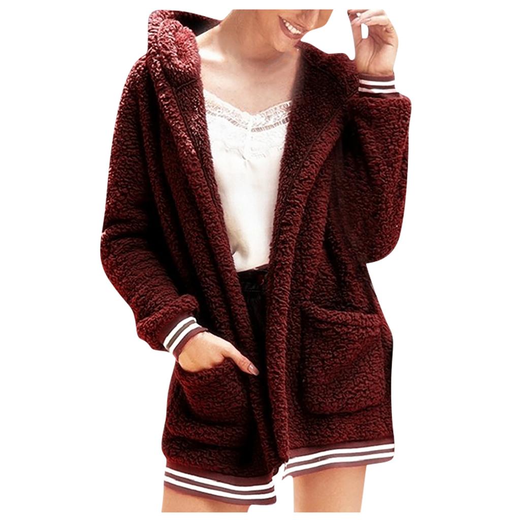Women's  And Winter Loose Solid Color Stitching Long-Sleeved Pockets Plush Hooded Cardigan Coat