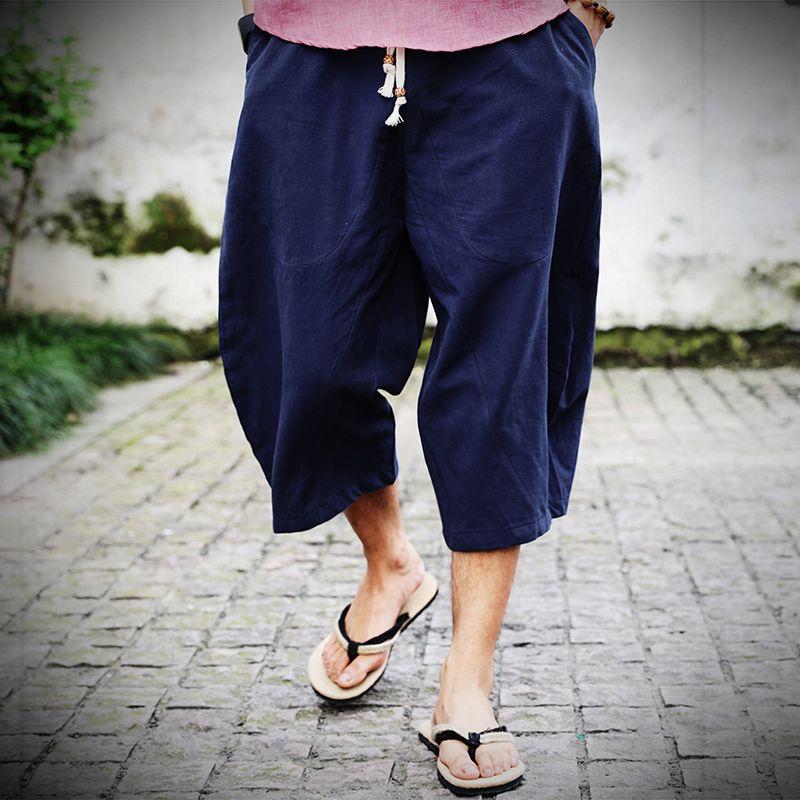 Summer Capris Men's Thin Casual Pants Loose Oversized Straight Leg Pants Cotton Linen Beach Shorts
