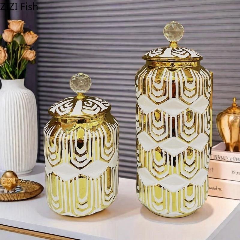 Gold-plated Ceramic Vase with Lid Desk Decoration Flowers Arrangement Artificial Flower Floral Vases Room Aesthetic Decor