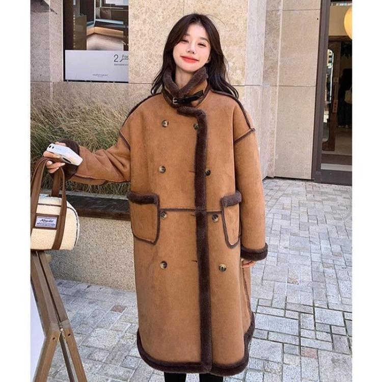 Korean Style Winter Lamb Fur Loose Coat for Women Thick Warm Long Fleece Lined Jacket