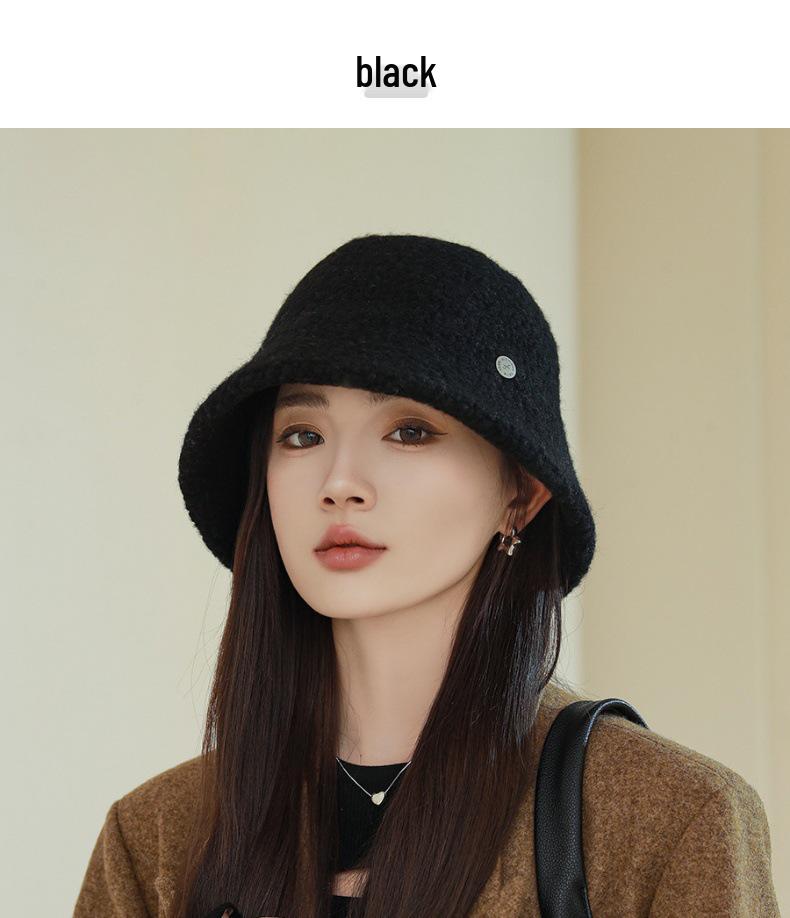 Körniger Woll-Damen-Bucket-Hat - Gesichtsschlankmachend, Breite Krempe, Warm für Herbst/Winter