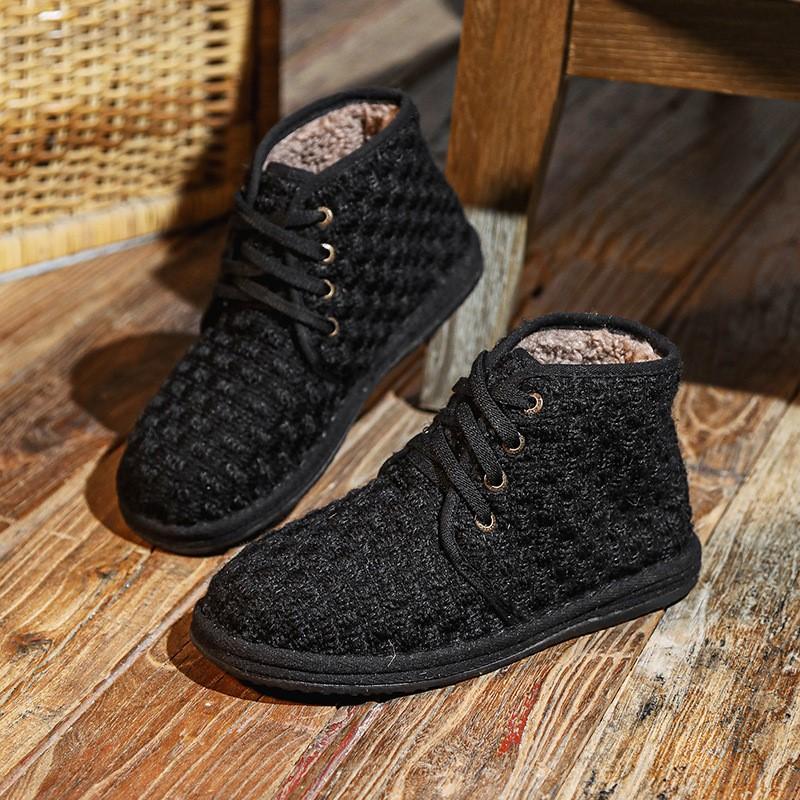 Johnature Botas curtas femininas casuais, sapatos de algodão quentes e de pelúcia, feitos à mão, com sola macia e cadarço, sapatos de pano