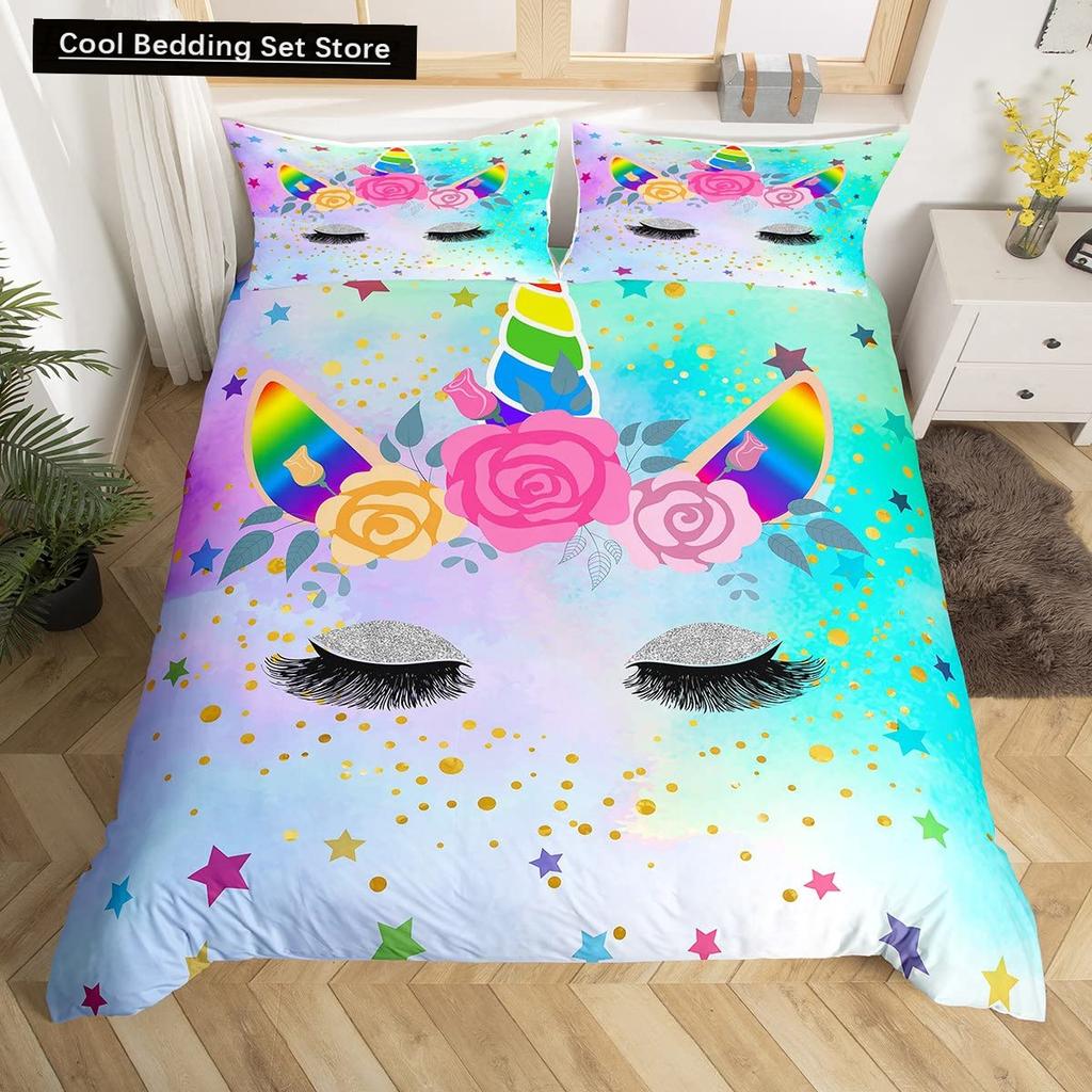 Kids Unicorn Stars King Queen Duvet Cover Cartoon Magic Animal Bedding Set Rainbow Shiny Quilt Cover Polyester Comforter Cover
