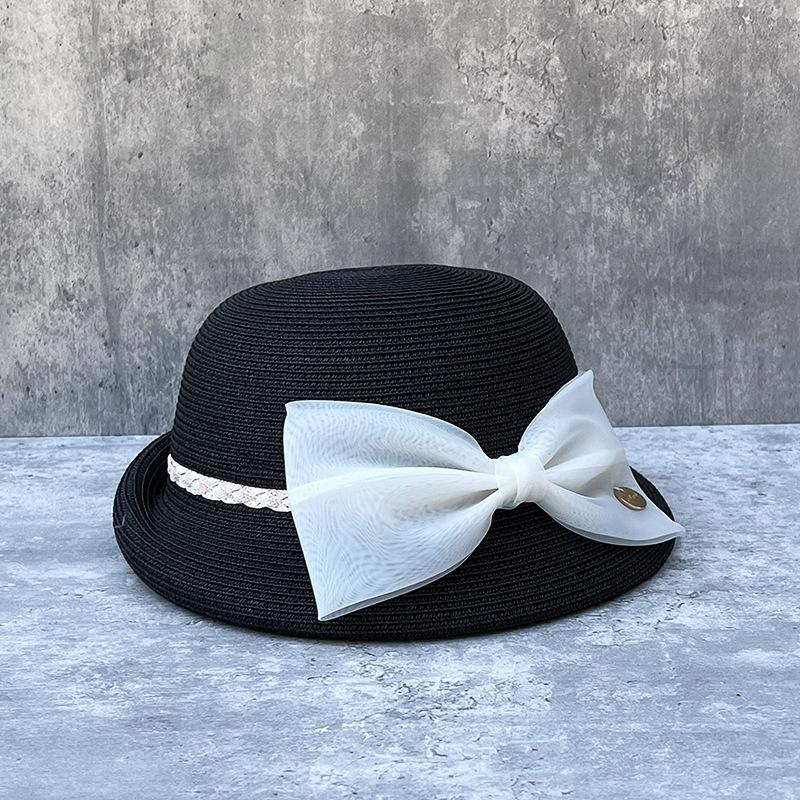 Summer Straw Hepburn Curly Elegant Bow Beret Women'S Travel Versatile Basin Hat Straw Hat
