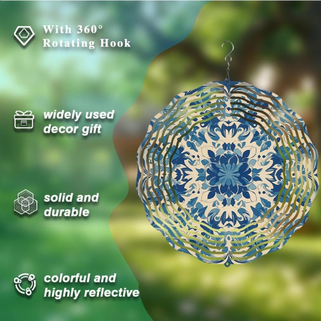 10 Zoll Blau Weiß Floral Metall Windspiel mit 360 Schwenkhaken für Garten Balkon Terrasse Außendekor Frühling Sommer