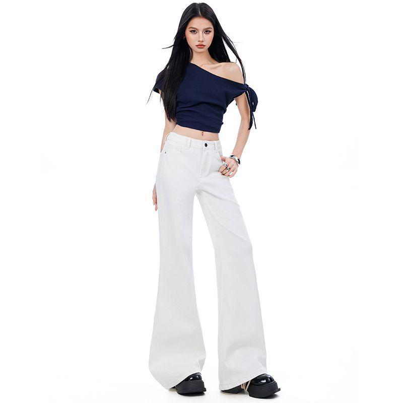 Spring Summer High Waist Stretch Minimal All Match Slim Floor Wide Leg Denim Pants For Ladies Casual Pants Oversize Denim Trousers