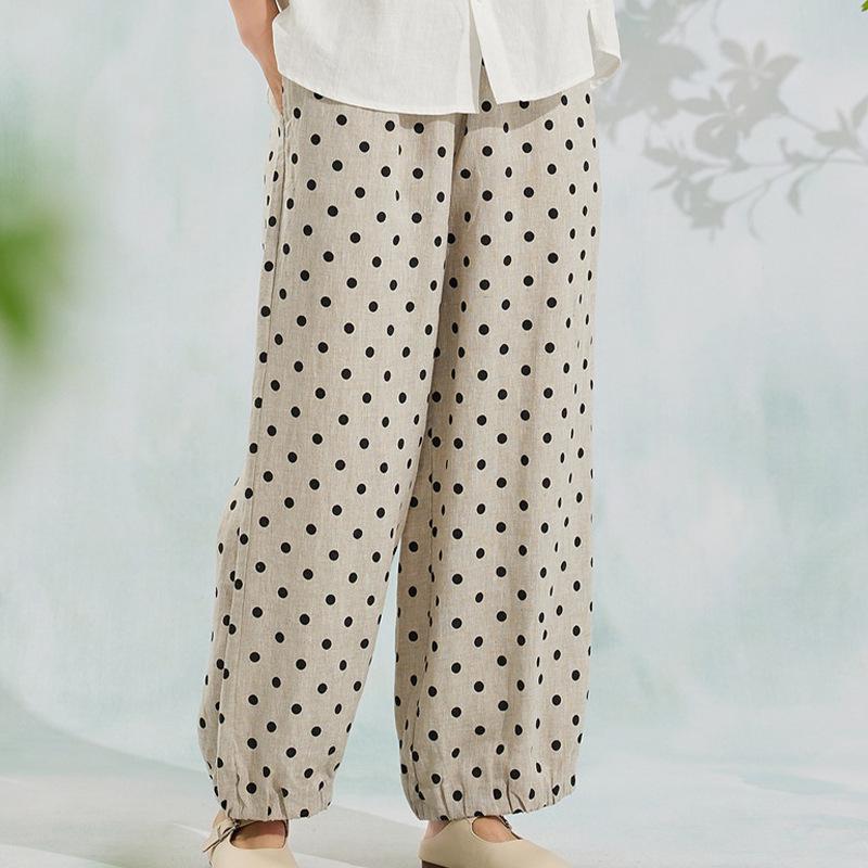 Women s Summer Polka Dot Linen Wide-Leg Cropped Pants with Elastic Waist L