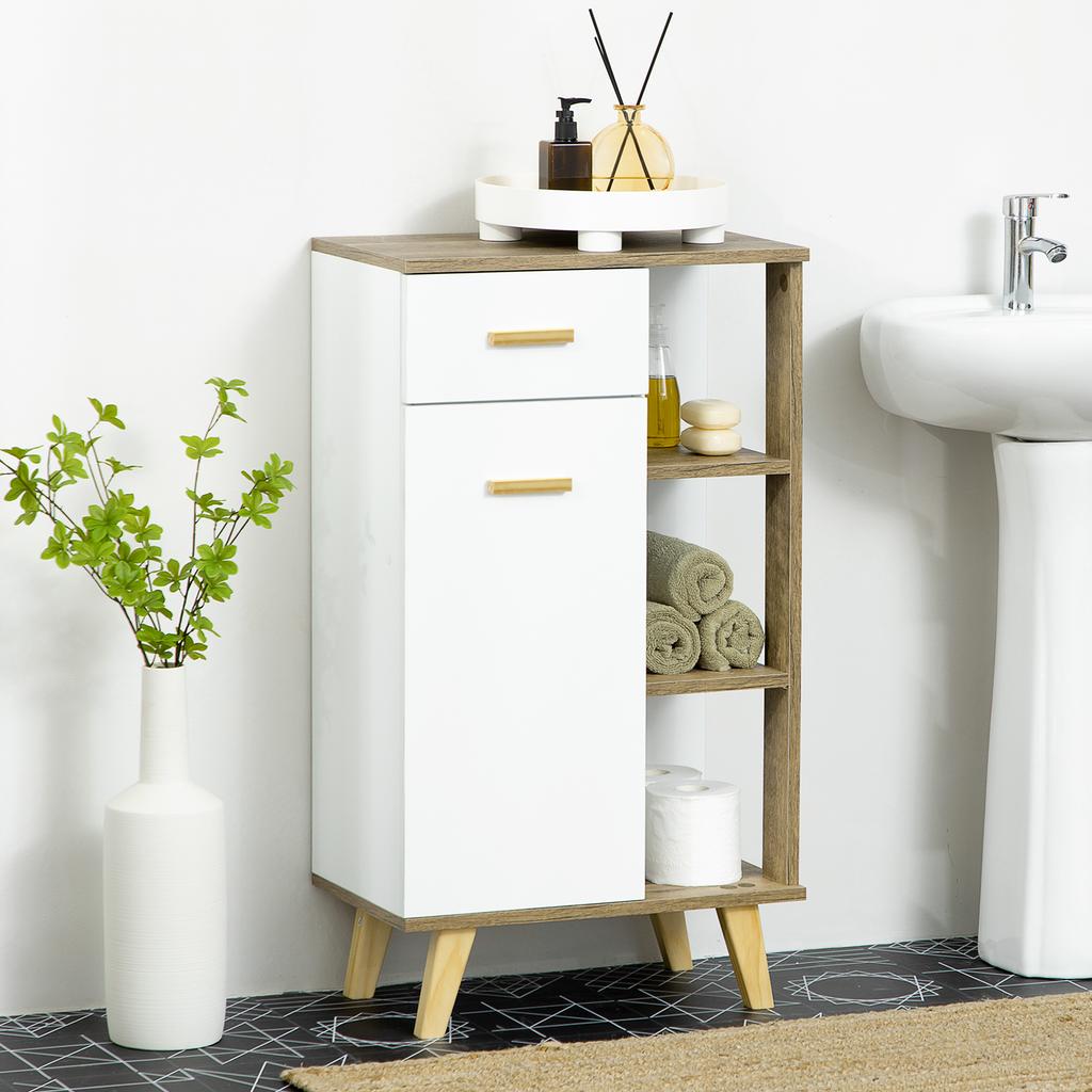 Modern Bathroom Cabinet With Drawer And Wooden Shelves 50x30x89cm White
