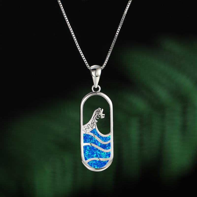 Platinum Oval Blue Wave Necklace Versatile Temperament Clavicle Chain