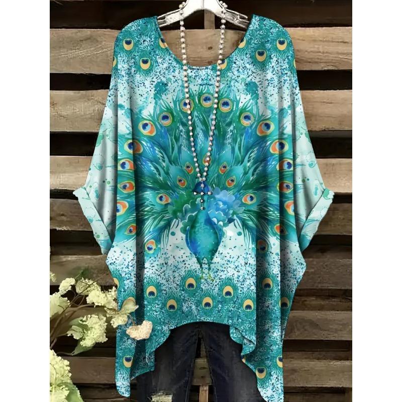 T-shirt Estiva da Donna Stampa Colibrì Pavone Girocollo Coda Comoda Manica Corta Oversize Orlo Irregolare Top
