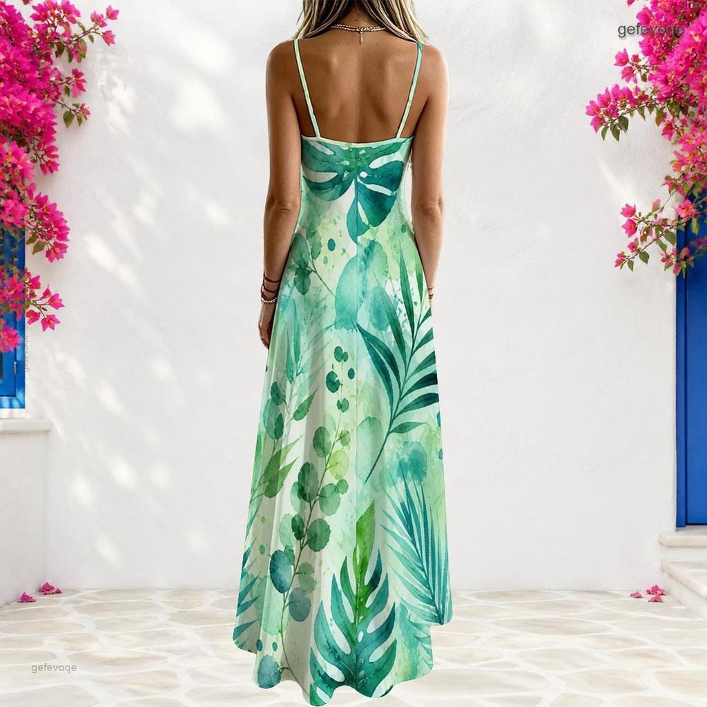 Women Plus Size Spaghetti Strap V Neck Sleeveless Green Blue Printed A Line Long Dress