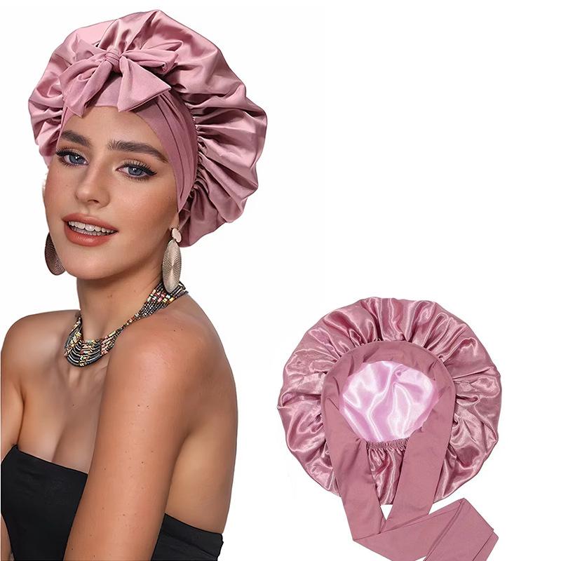 Women's Double-Layer Elastic Satin Sleep Cap - Wide Brim Hair Protection with Bow Ribbon