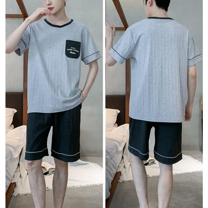 Big Size Summer Men Cotton Pajamas Jersey Short Sleeve Shorts Set Simple and Easy To Clean Solid Color O-Neck Sleepwear Homewear