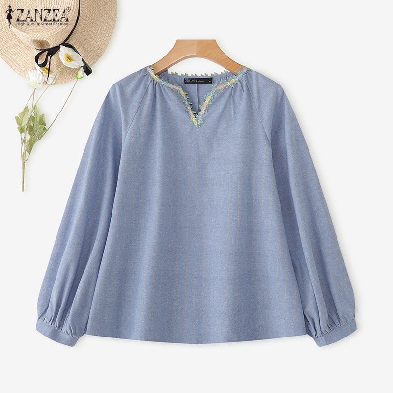 ZANZEA Women Splice V-Neck Loose Casual Long Sleeve Blouse