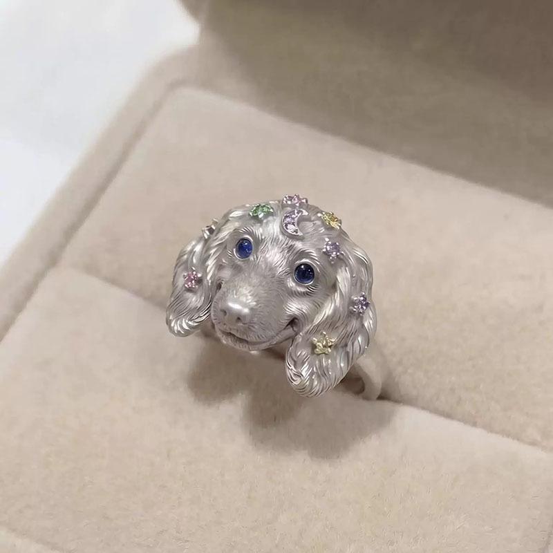 Cute Kitten Puppy Head Ring With Bow & Sparkly Stones Unique Animal Jewelry For Women Perfect Gift For Cat Dog Lovers
