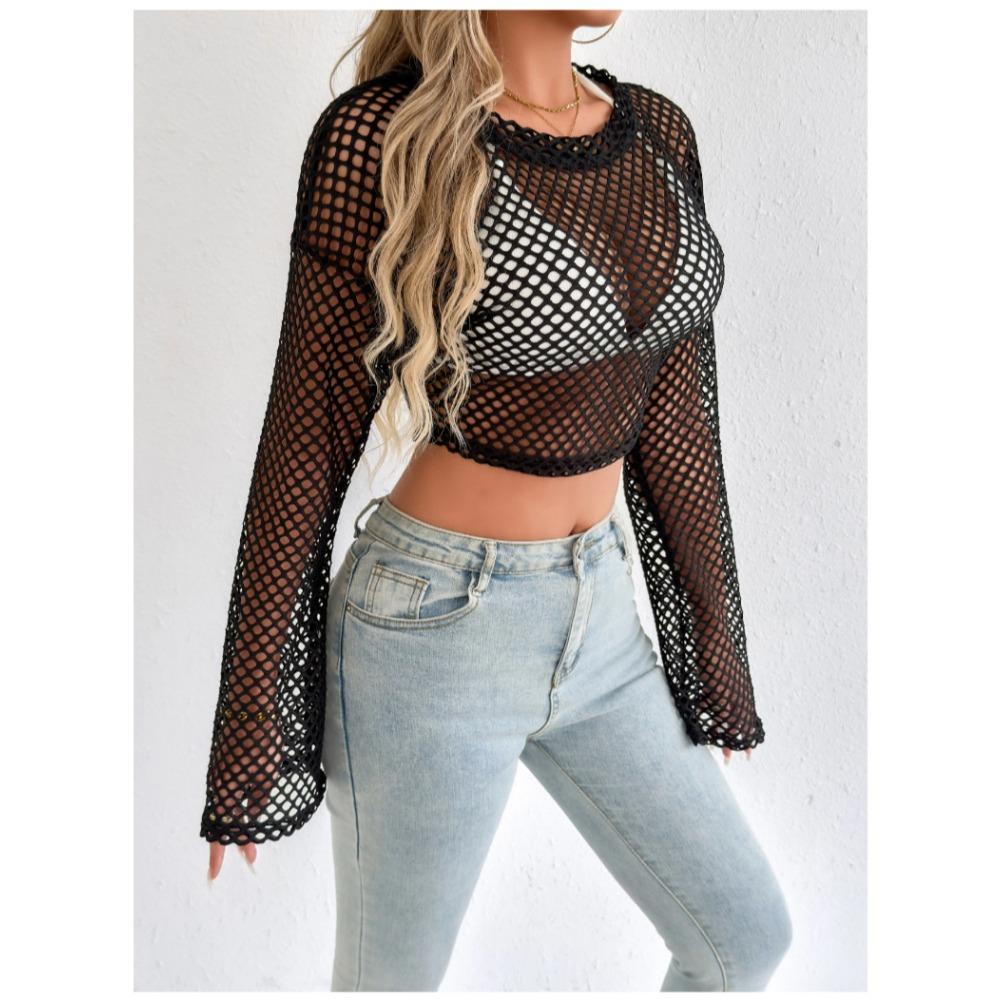 New Casual Perspective Sweater Flared Sleeves Loose Round Neck Hollow Navel Sweater for Women