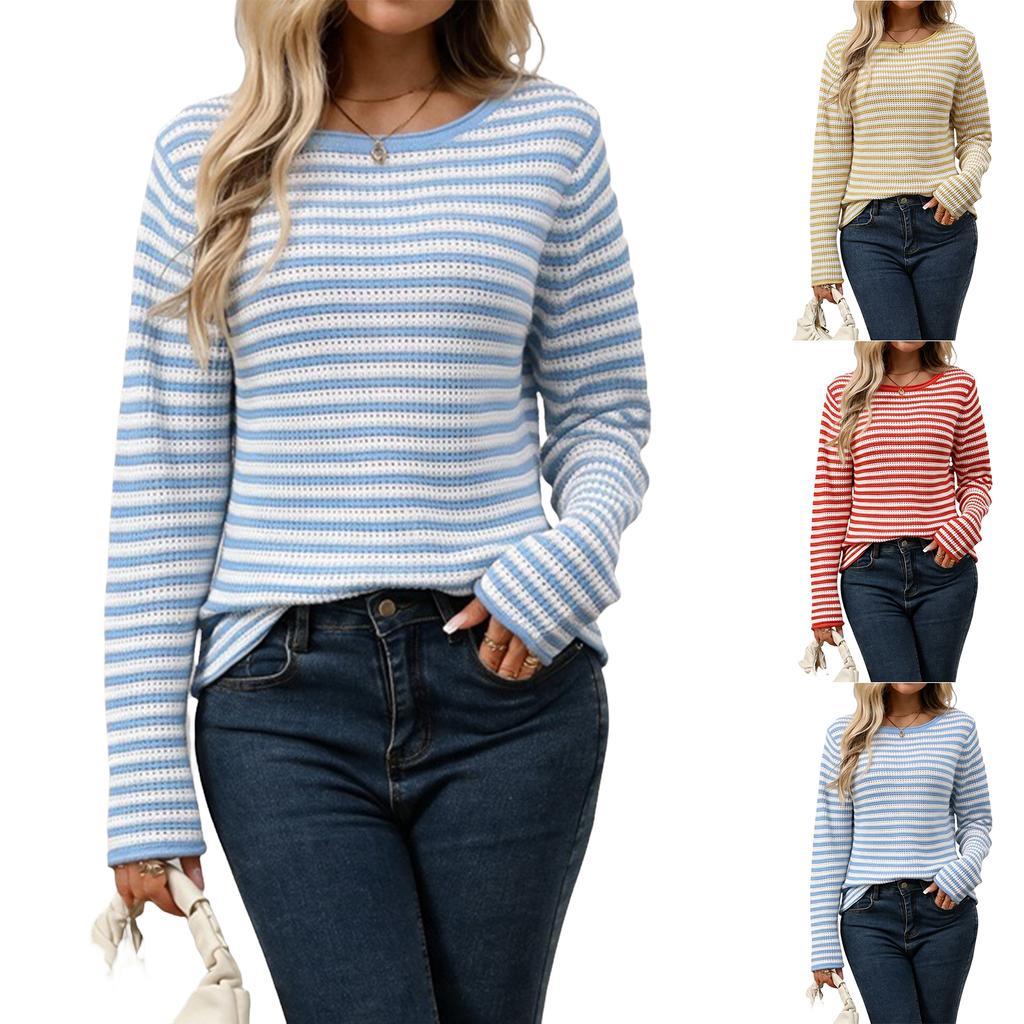 Damen Gestreifter Langarm Rundhals Pullover Sweatshirt Lässiges Lockeres Oberteil für Herbst und Winter