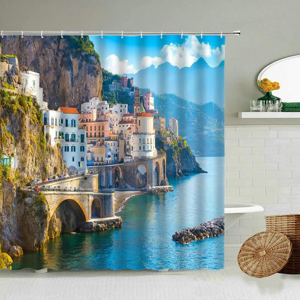 

European Seaside Village Scenery Shower Curtain Nature Landscape Bathroom Accessories Decoration Bathtub Screen With Hooks W60H190(CM)-1 Pcs