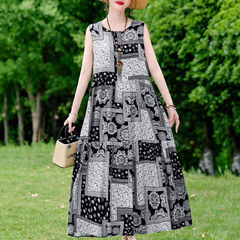 Elegant Sleeveless Dress for Women Plus Size Short Sleeve Vintage Print Long Dress Summer Casual Middle-aged Women's Clothing