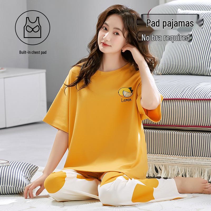 Women's Summer Pajama Set - Stretchy Short Sleeve Top & Long Pants with Built-in Bra Pads, Cotton-Like, Thin, Pullover, Outdoor-Friendly Loungewear