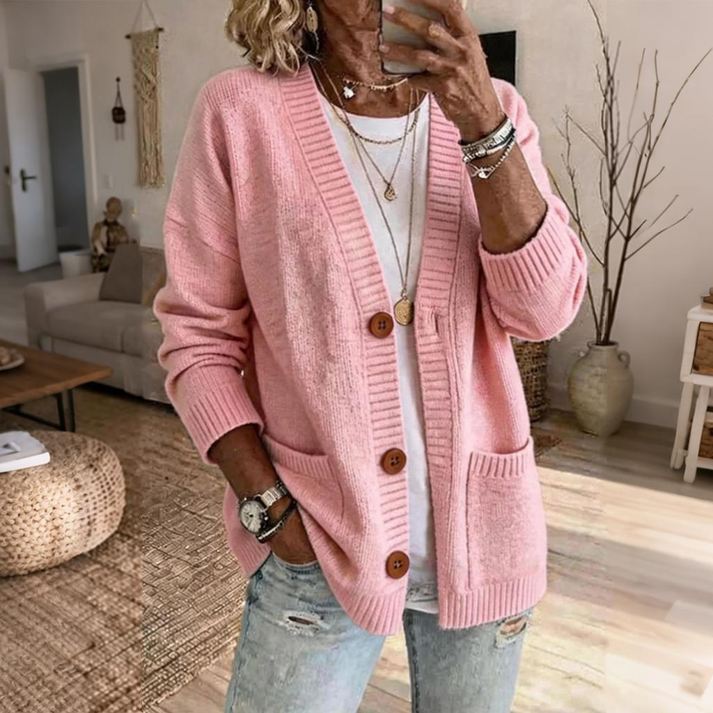 Cardigan in Maglia da Donna con Scollo a V Manica Lunga Vestibilità Larga Cappotto Maglione con Grandi Tasche