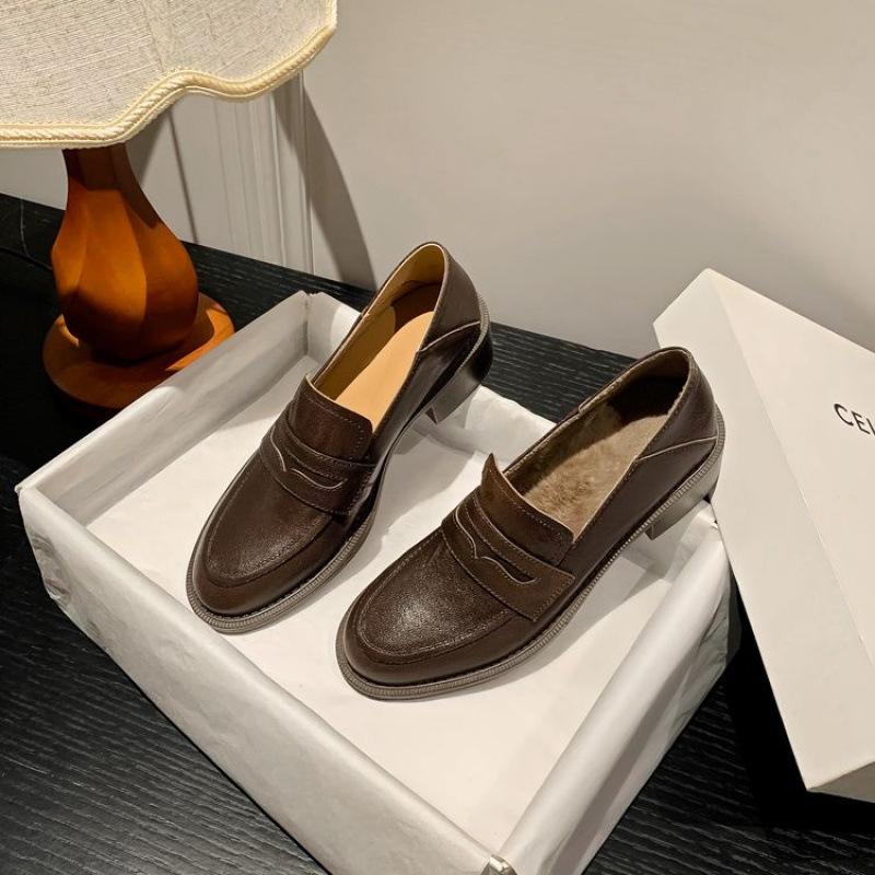 

New thick-soled non-slip women s fashion single shoes, low-heeled cowhide women s shoes, one pedal, genuine leather flat-soled single shoes women 40