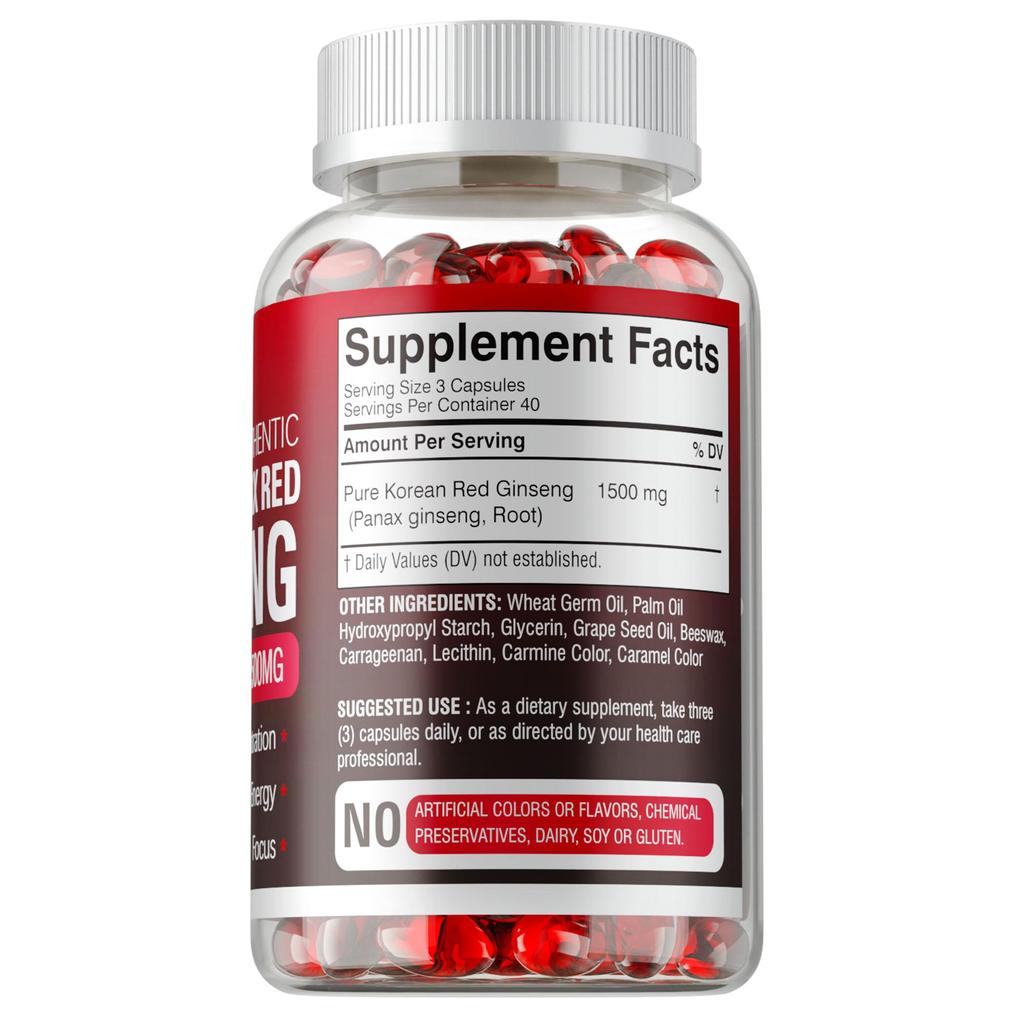 Integratore energetico al Ginseng Rosso Coreano, Migliora la concentrazione, Estratto di Radice di Ginseng ad Alta Concentrazione, 120 Capsule Vegetariane