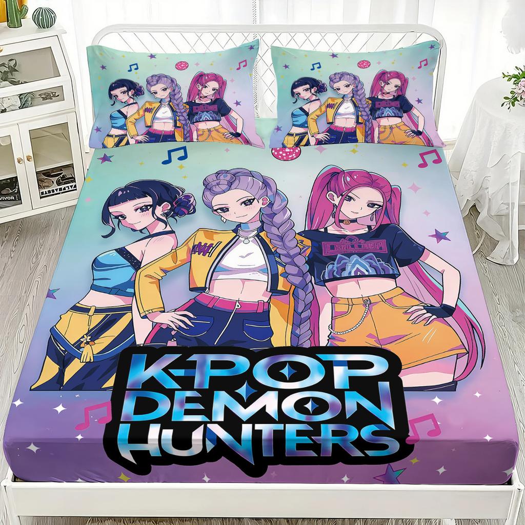 K-Pop D-Demon Hunters Fitted Sheet from for Home Decor, Customized DIY Bed Cover Deep Pocket with 2Pillowcases