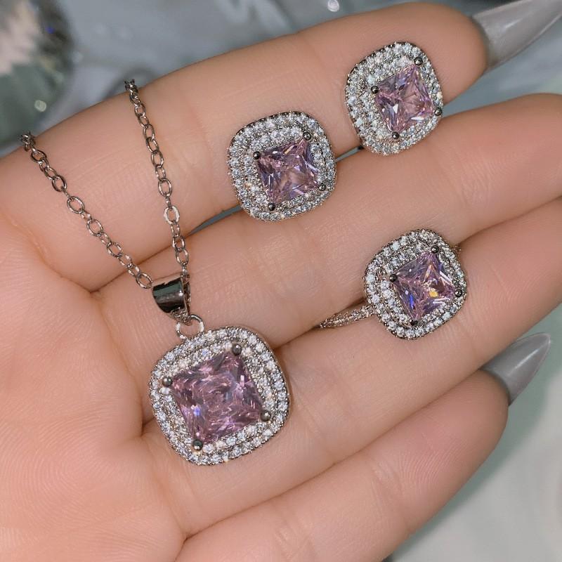 Elegant CZ Gemstone Pendant Necklace Set With Earrings Ring Women Blue Red Yellow Green Purple White Zircon Jewelry