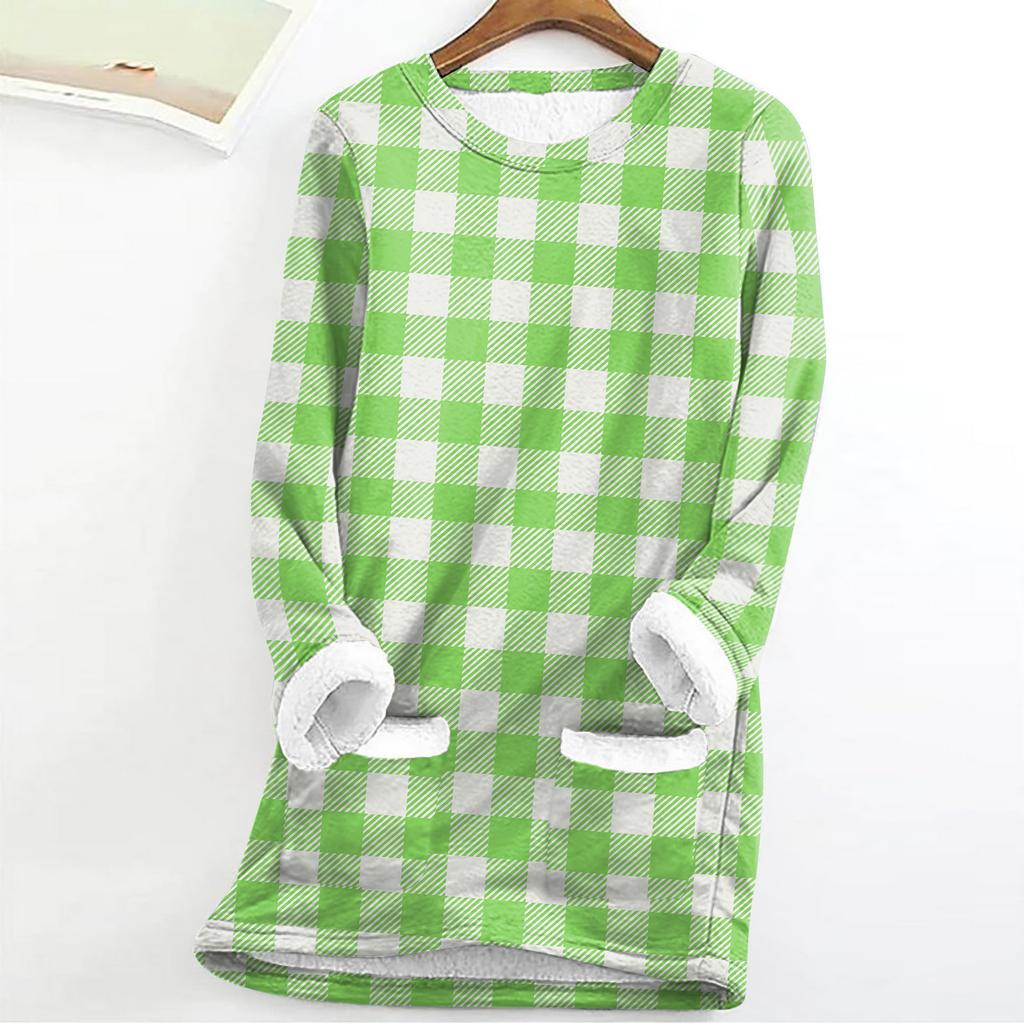 Women's Fashion Plaid Print Round Neck Long Sleeve Plush Winter Warm Pullover Top