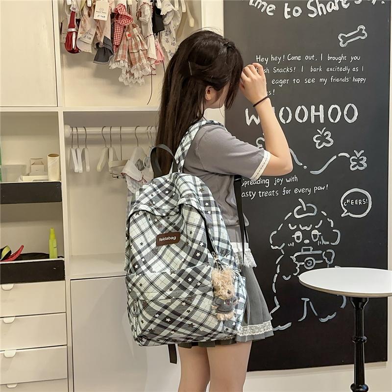 Schulrucksack für Studenten Damen Retro Karomuster Große Kapazität Reiserucksack