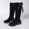 Fashion New Long Boots Autumn Foreign Air Suede Round Toe Back Thin Strap Bow Soft Sole Non-slip Wear-resistant Mid-heel High Boots