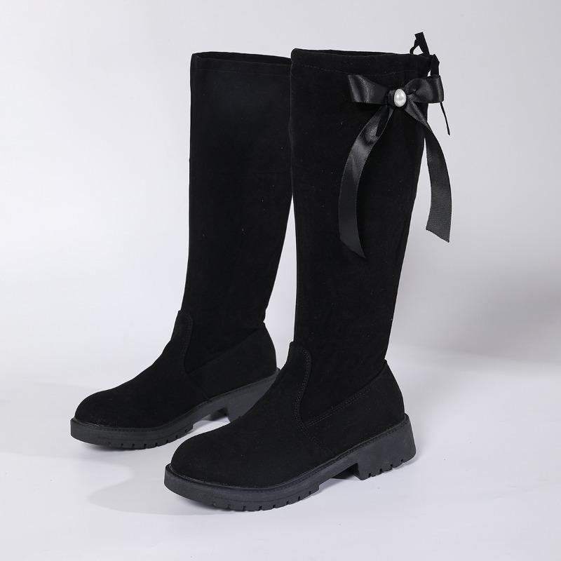 

Новые Длинные Сапоги Осень Зарубежный Воздух Замша Круглый Носок Задний Тонкий Ремешок Бант Мягкая Подошва Нескользящие Износостойкие Средний Каблук Высокие Сапоги 42