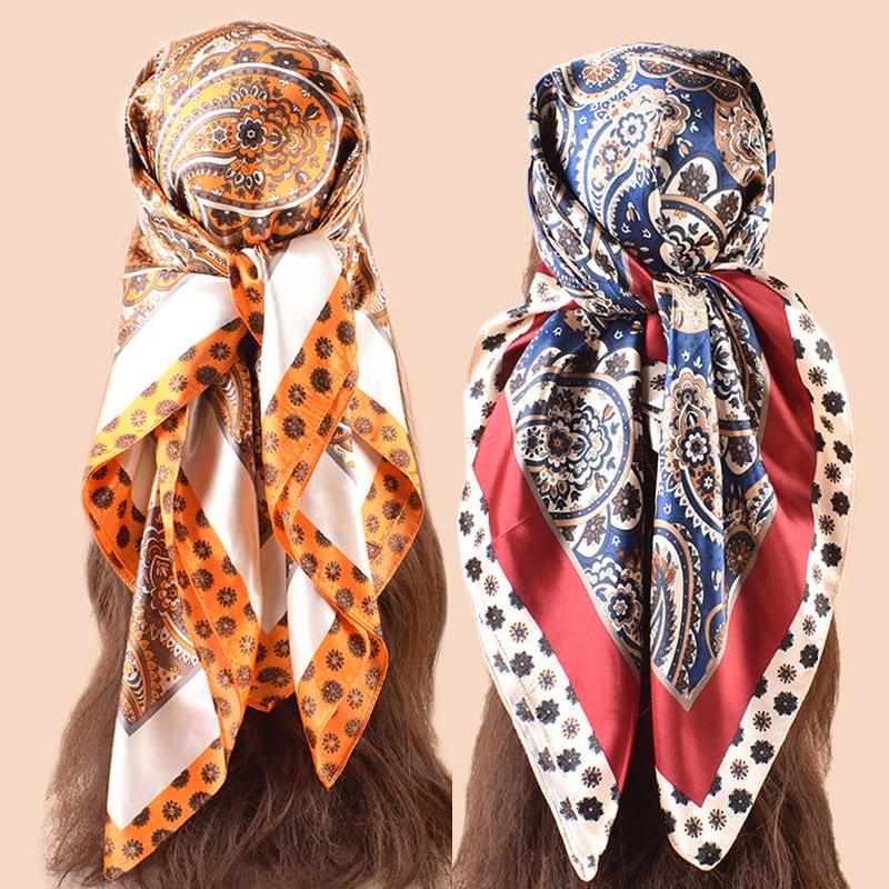 2Pcs Luxury  Silk Satin Square Scarf Women Hijab Bandana Muslim Headscarves Shawl Wrap Ladies Headband Neckerchief Foulard