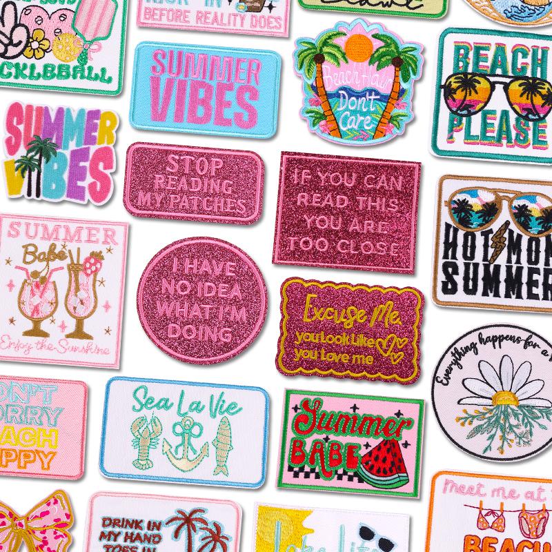 Pink Letter Patch DIY Summer Vibes Embroidered Patches Iron On Patches For Clothing Thermoadhesive Patches Cartoon Sew Bagdes