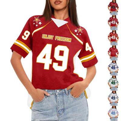 Tricou de fotbal cu mânecă scurtă din plasă supradimensionat pentru femei, cu gât în V, top grafic