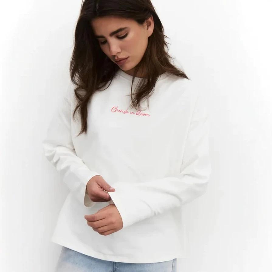 Pure cotton European and American plus-size women s T-shirt, loose Korean long-sleeve casual style S