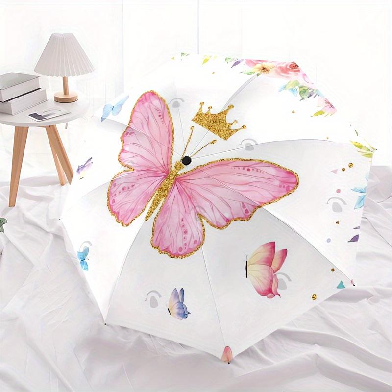 Butterfly Princess Automatic Folding Umbrella  8 Ribs, Durable Iron Frame, Bright Color Pattern Compact Travel Umbrella, Suitable for Outdoo
