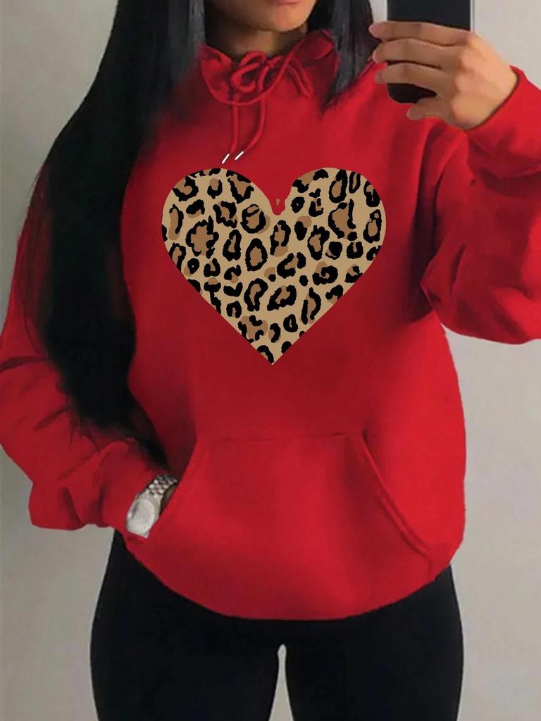 Women's Loose Leopard Heart Print Fleece Hoodie
