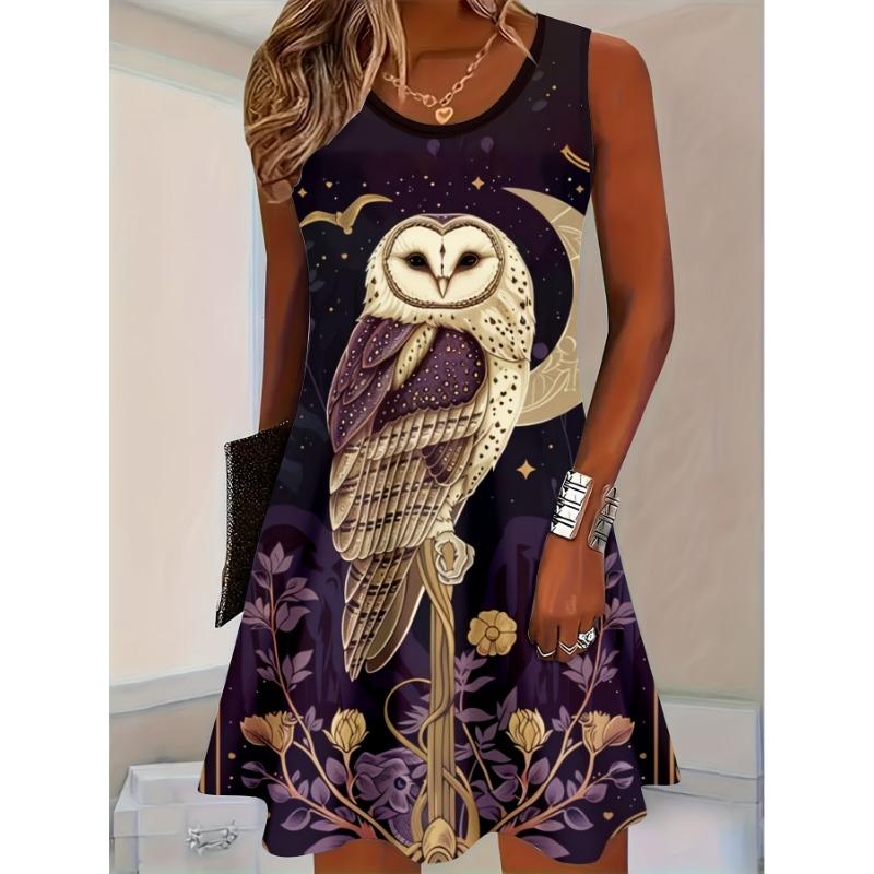 Sleeveless Dress for Plus-Size Women Featuring an Owl Print, Casual And Lightweight, with a Vibrant Overseas Design. It Flows
