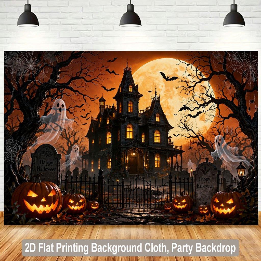 1 piece of 2D flat background fabric, a banner featuring a gathering of pumpkin ghosts on Halloween night, suitable for parties