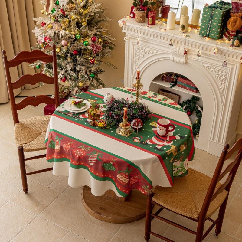 Christmas Round Tablecloth with Tassel Polyester Cotton Printed Table Cloth Red Green Decorative Table Cover for Home Decoration