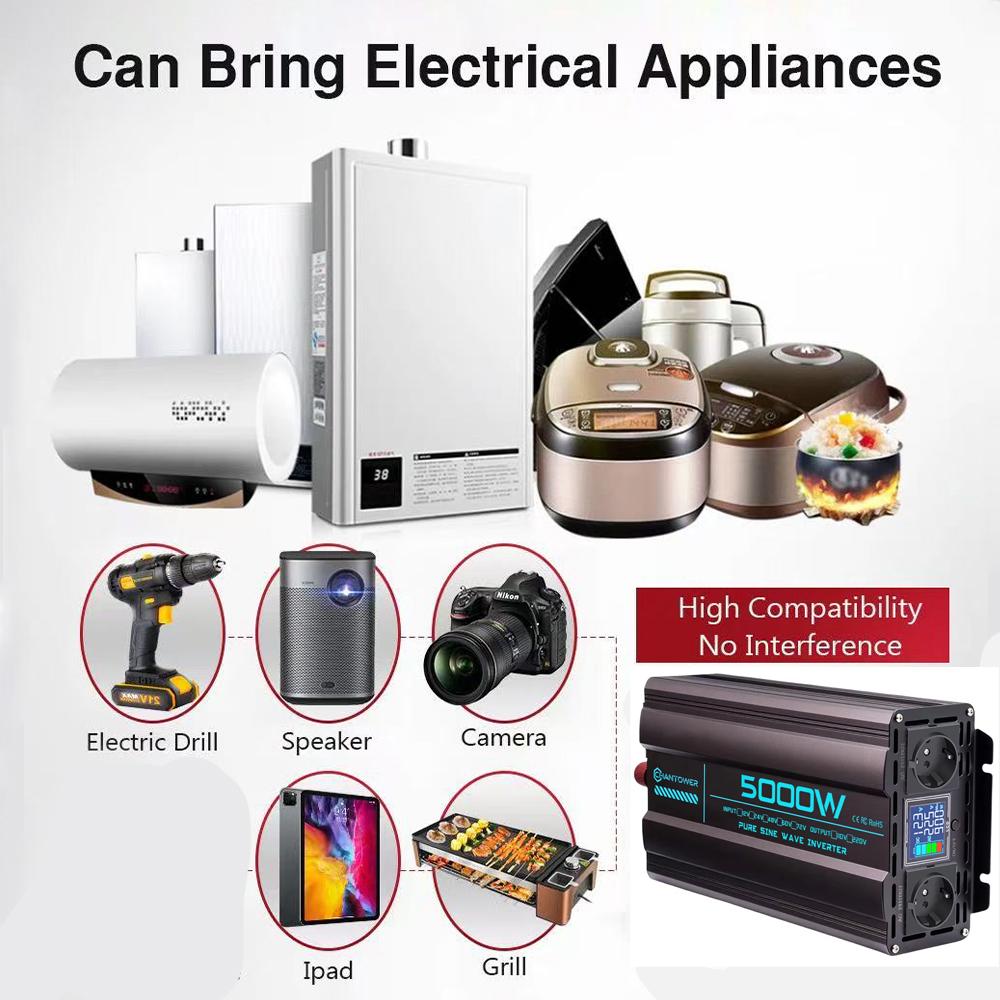 Pure Sine Wave Inverter 12V 220V 220W-5000W DC To AC Europe Socket Power Voltage Converter Car Solar Inverter Charger Adapter