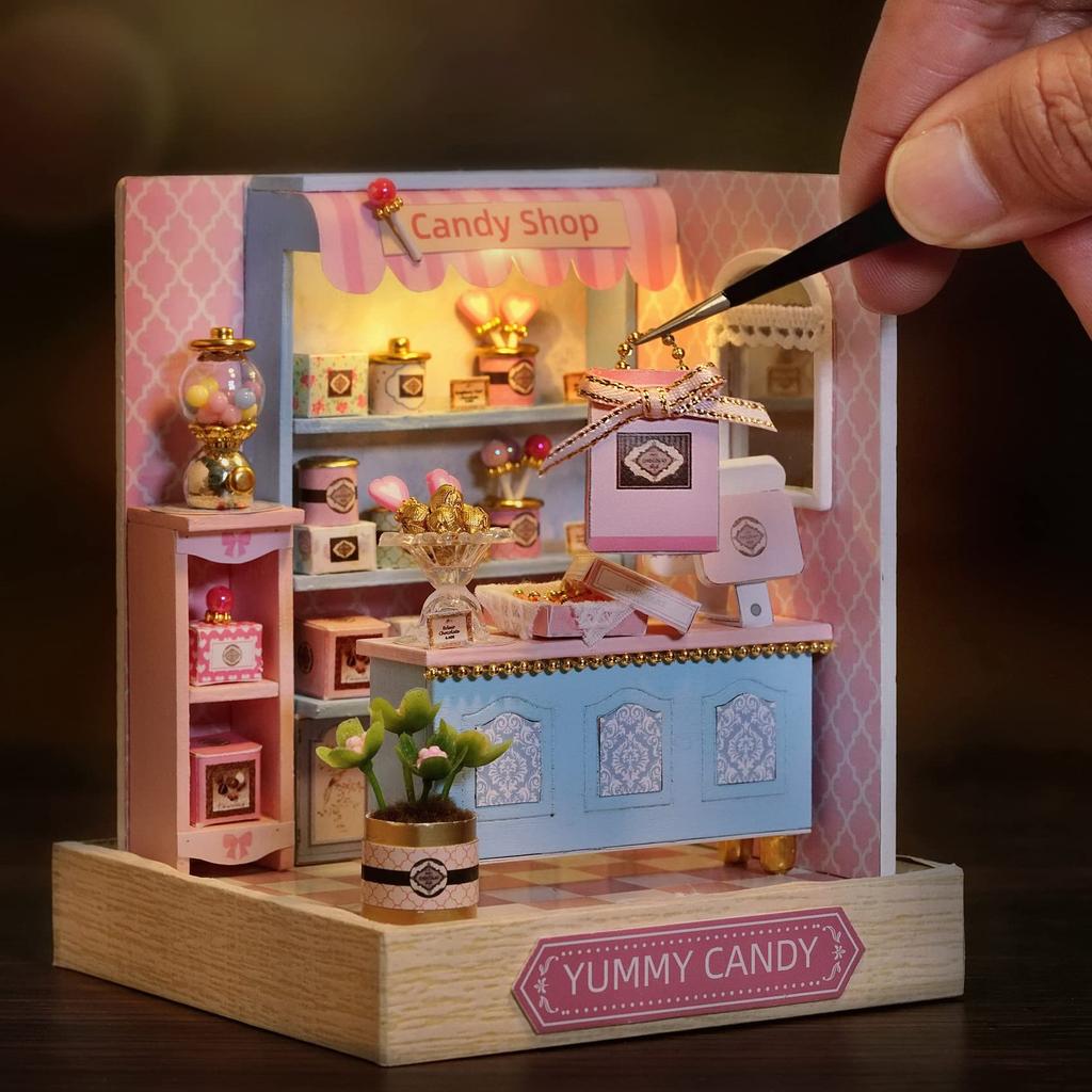 CUTEROOM DIY Dollhouse Miniature Handmade Kit Set with Flower and Sweet Easy English Beautiful Candy Shop Realistic LED Dustproof Display Cover