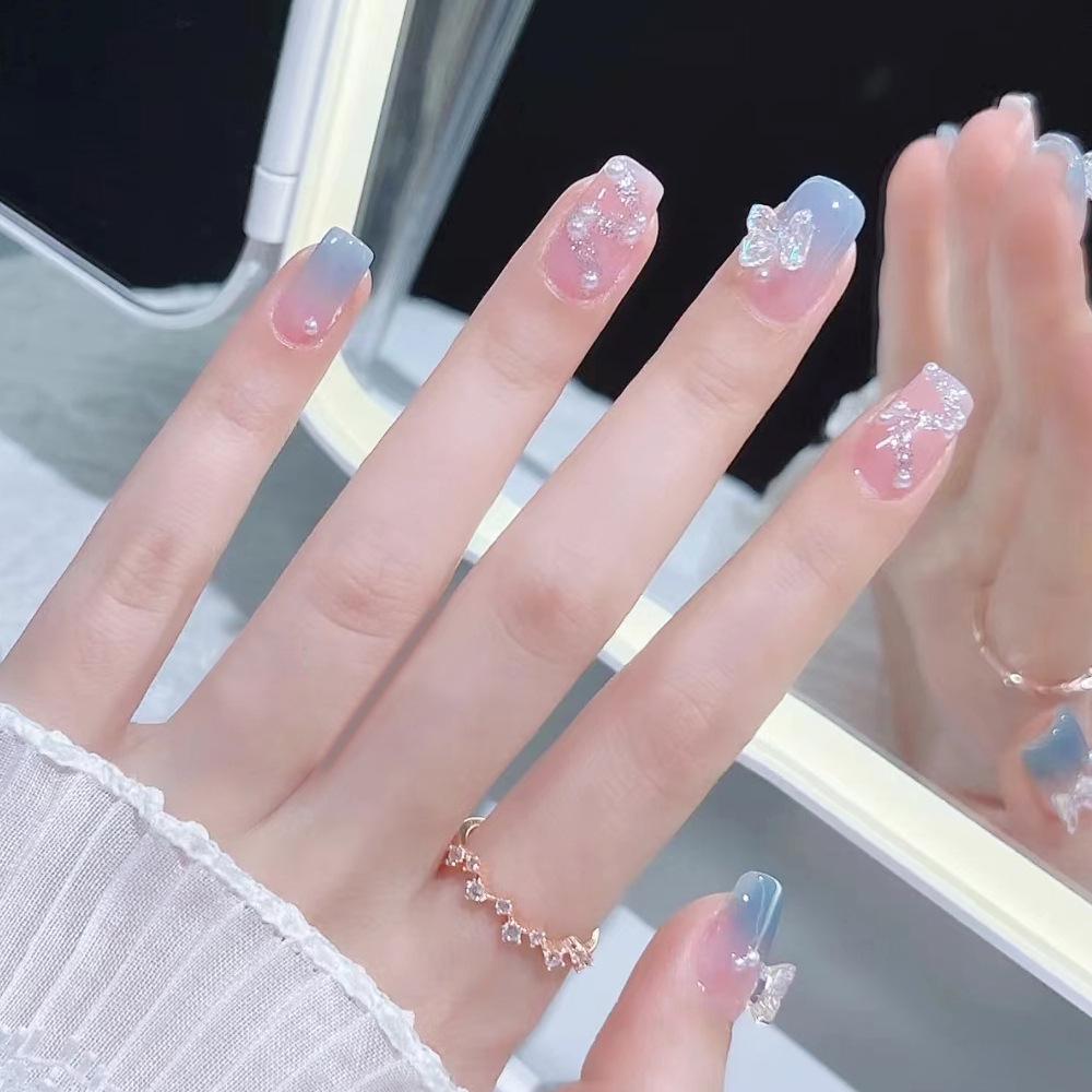 24Pcs/set Women White Full Cover Nail Tips Mid-length Almond Head Fake Wearable Nails Art Flower Bow Design False Nails Press On