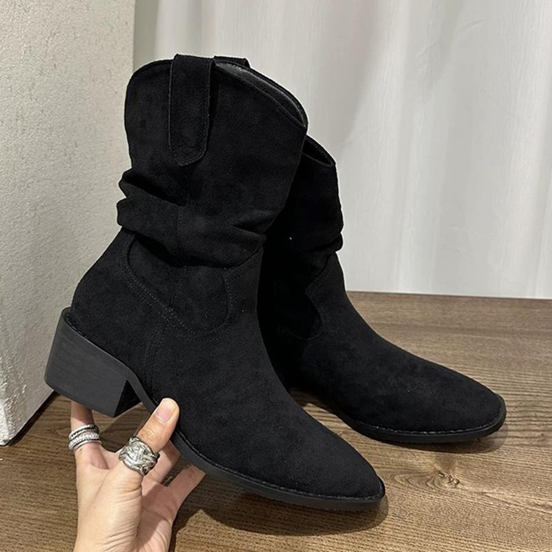 fashion Rimocy Women's Fashion Thick Heels Ankle Boots Khaki Flock Slip On Western Boots Woman Spring Autumn Stylish Short Botas Mujer