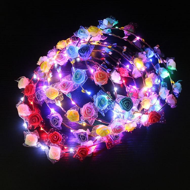 LED Light-Up Princess Headband: Colorful Feather Rabbit Ears with Glittering Gold Wire Garland
