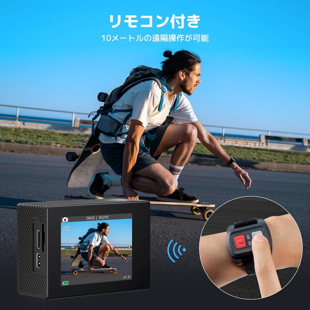 AKASO Action Camera EK7000 4K 20MP with 64GB Memory Underwater Camera with External 40M HDMI Remote Two 1050mAh and Wide Range of Accessories Card,