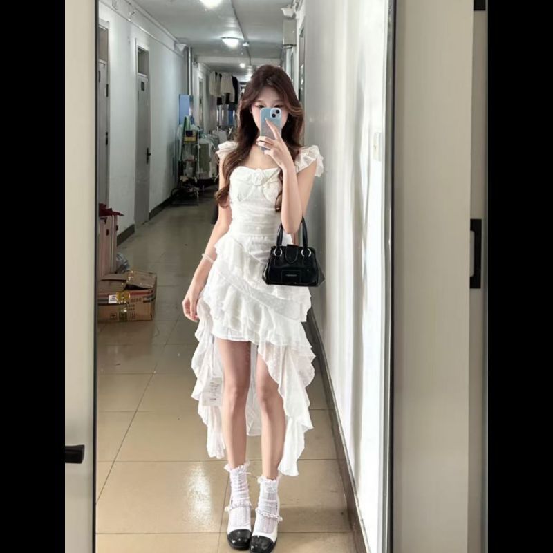 Summer new French holiday rose temperament long trailing sleeveless atmosphere suspender polka dot dress S